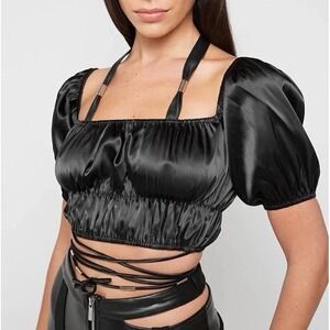 Maniere De Voir Womens Black PUFF SLEEVE TIE‎ UP CROP TOP  Sz UK 6 Grunge Goth